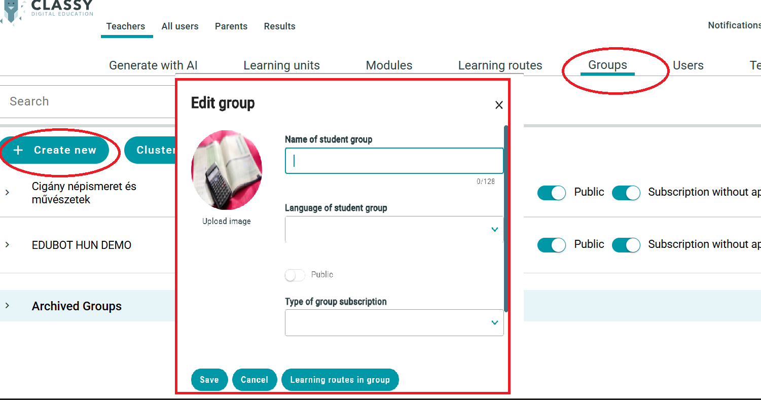 Learning group creation screen illustrated in the source guide
