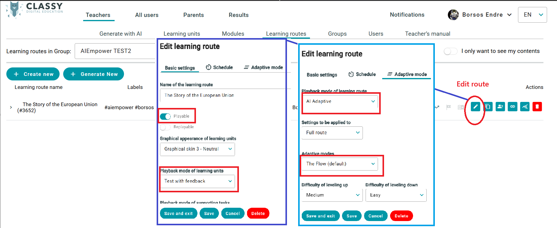 Route settings screen illustrated in the source guide